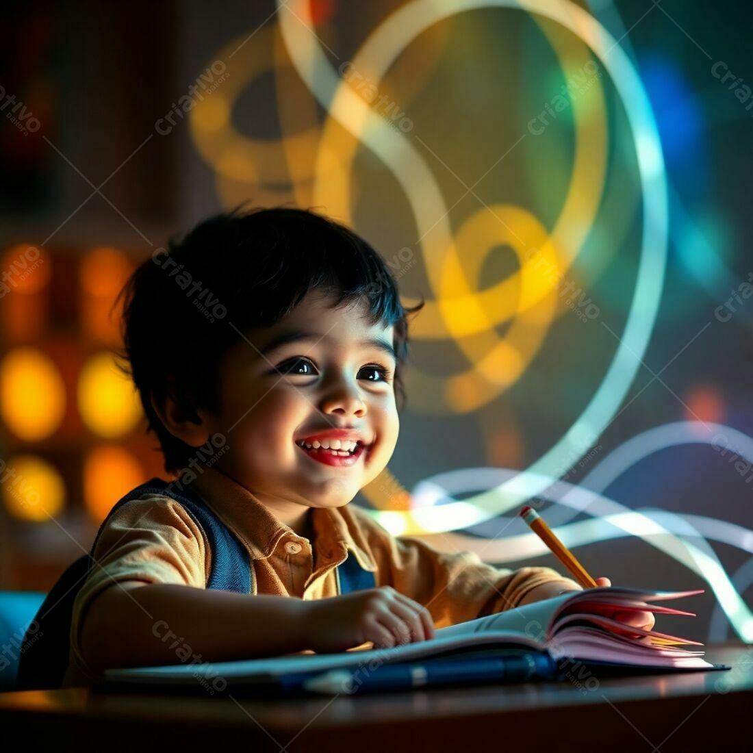 Criança feliz desenhando à noite
