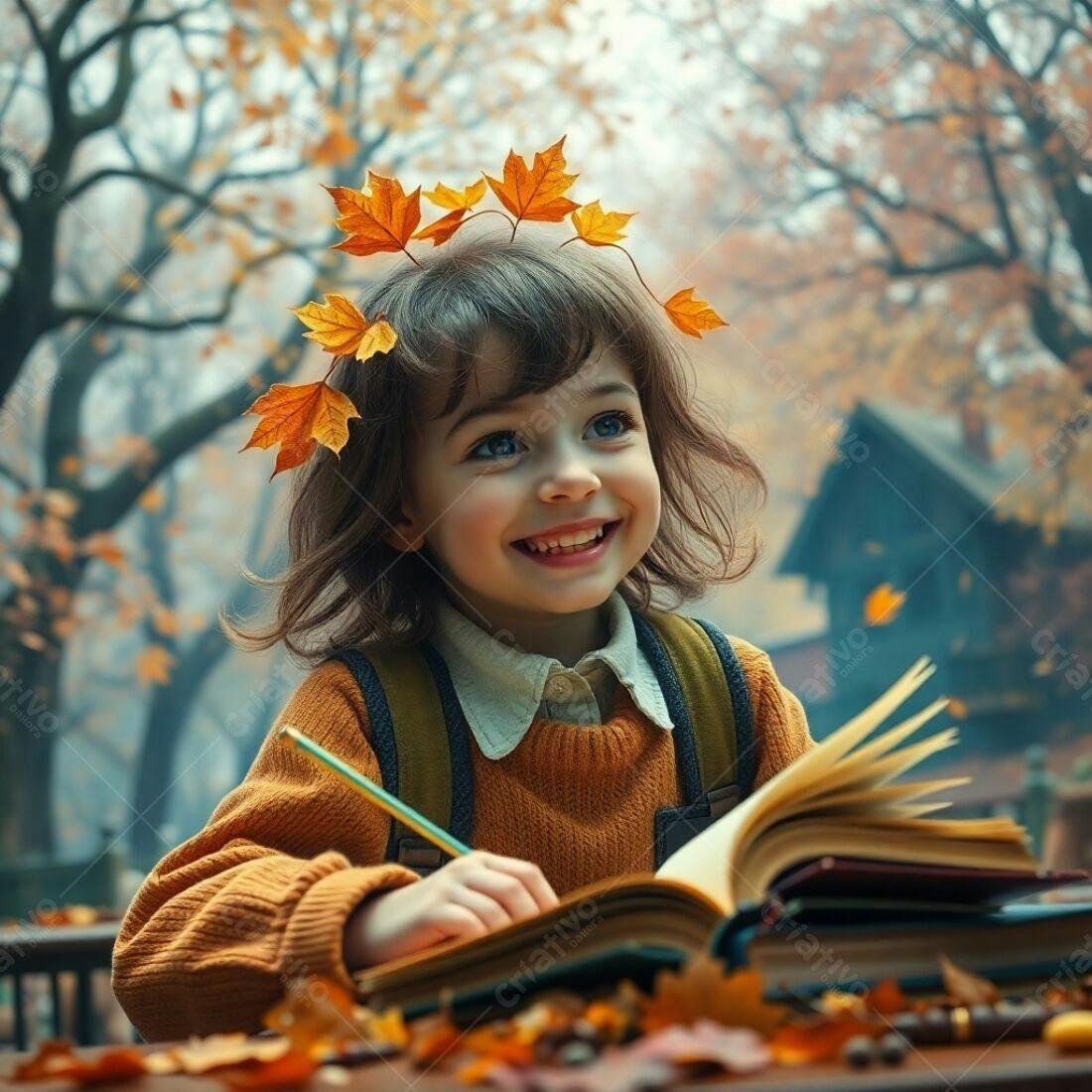 Menina lendo livro em parque de outono