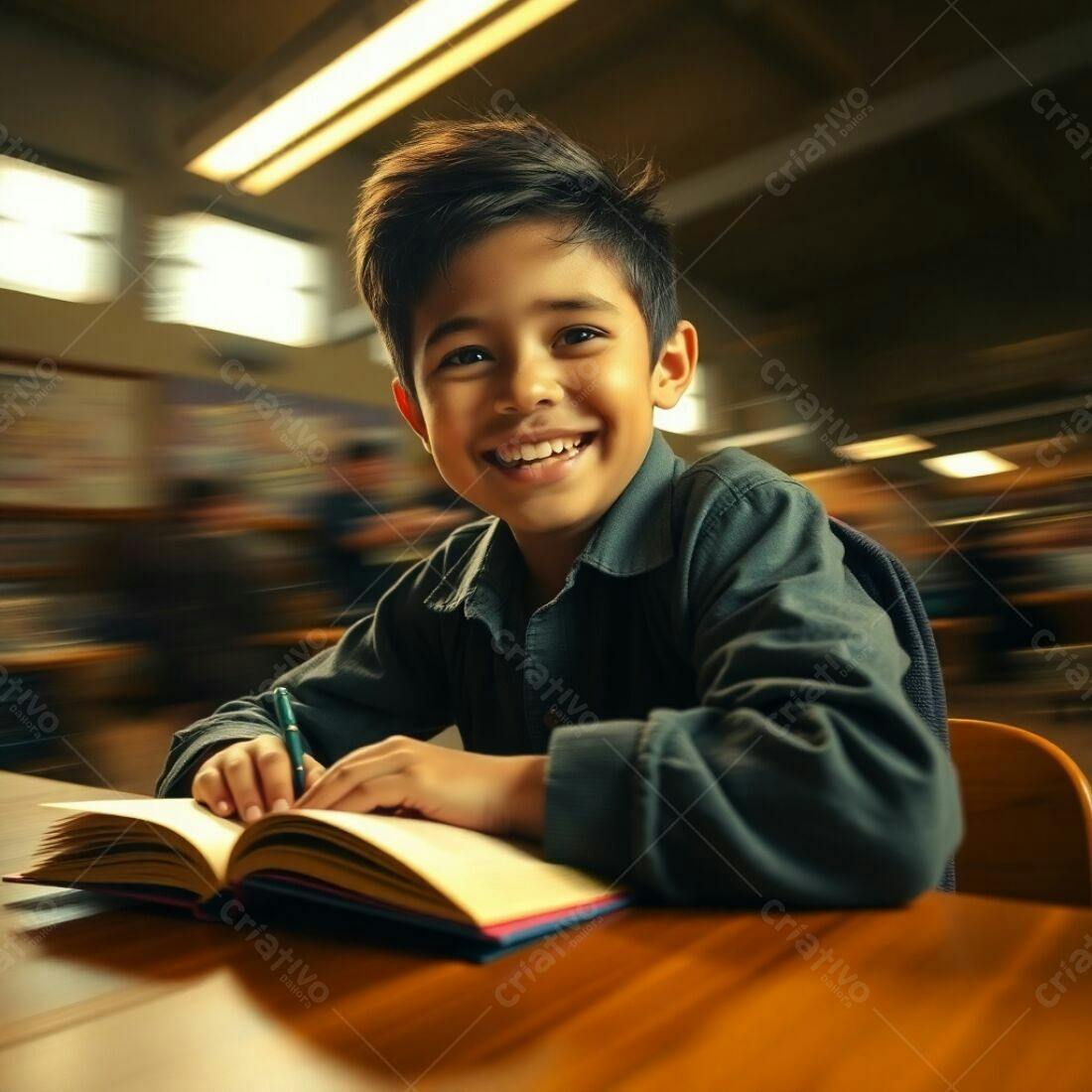 Menino feliz lendo livro na biblioteca