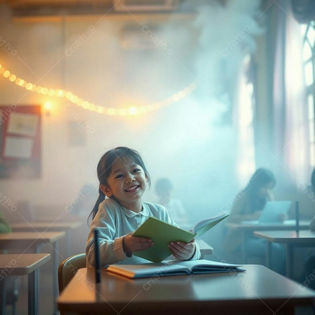 Menina asiática sorrindo lendo livro na escola