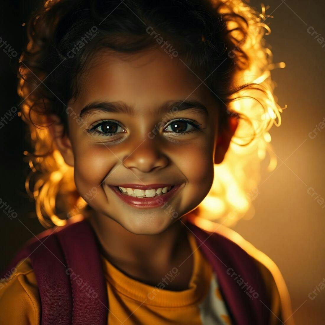 Menina sorridente com mochila amarela e luz dourada