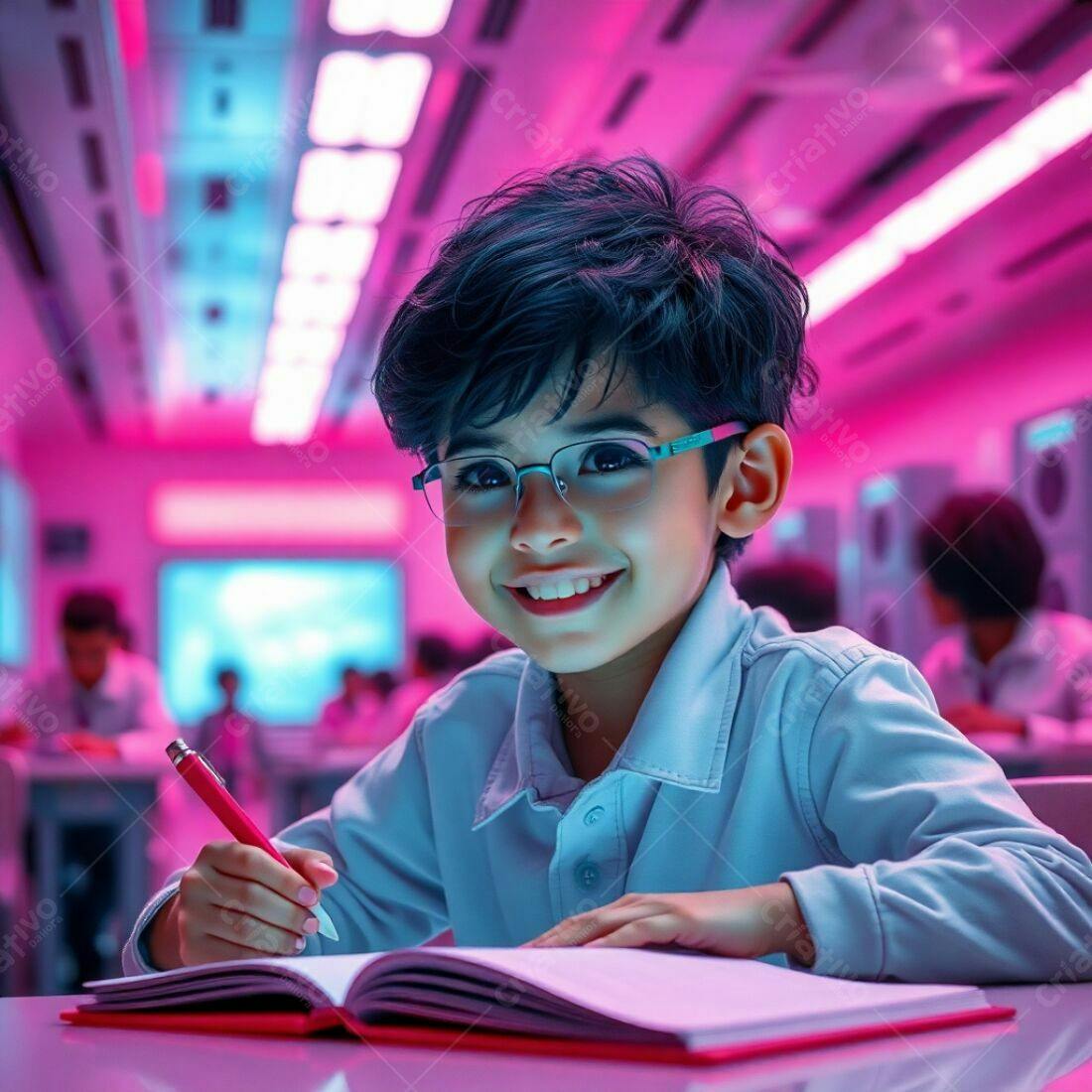 Menino sorridente escrevendo em sala de aula iluminada