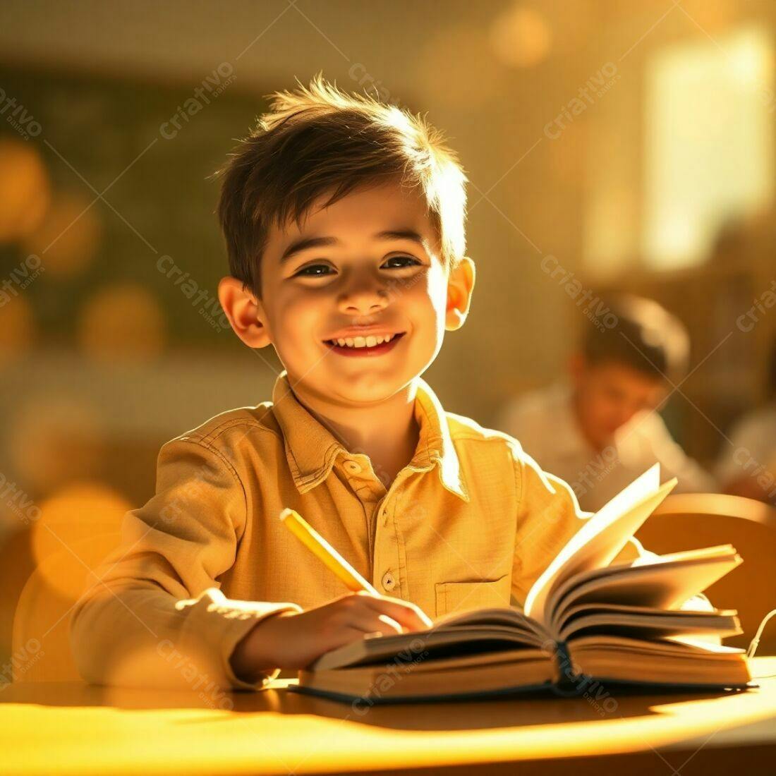 Criança feliz escrevendo em caderno amarelo