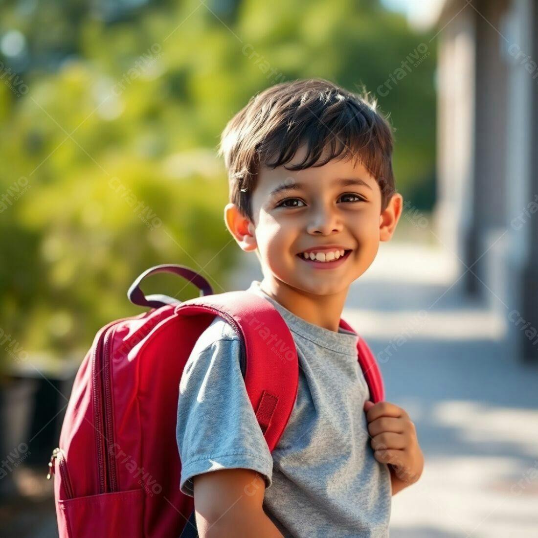 Criança feliz com mochila vermelha ao ar livre