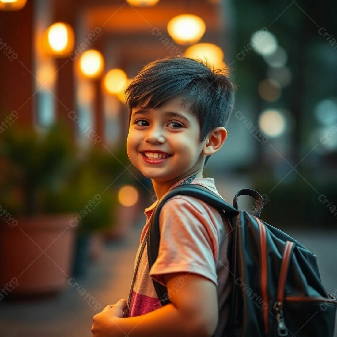 Criança sorridente com mochila ao entardecer
