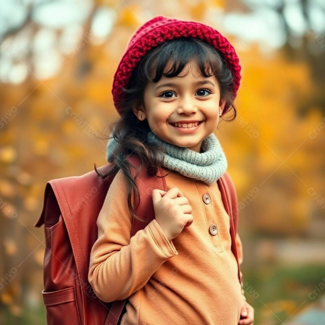 Menina sorridente com mochila em parque de outono
