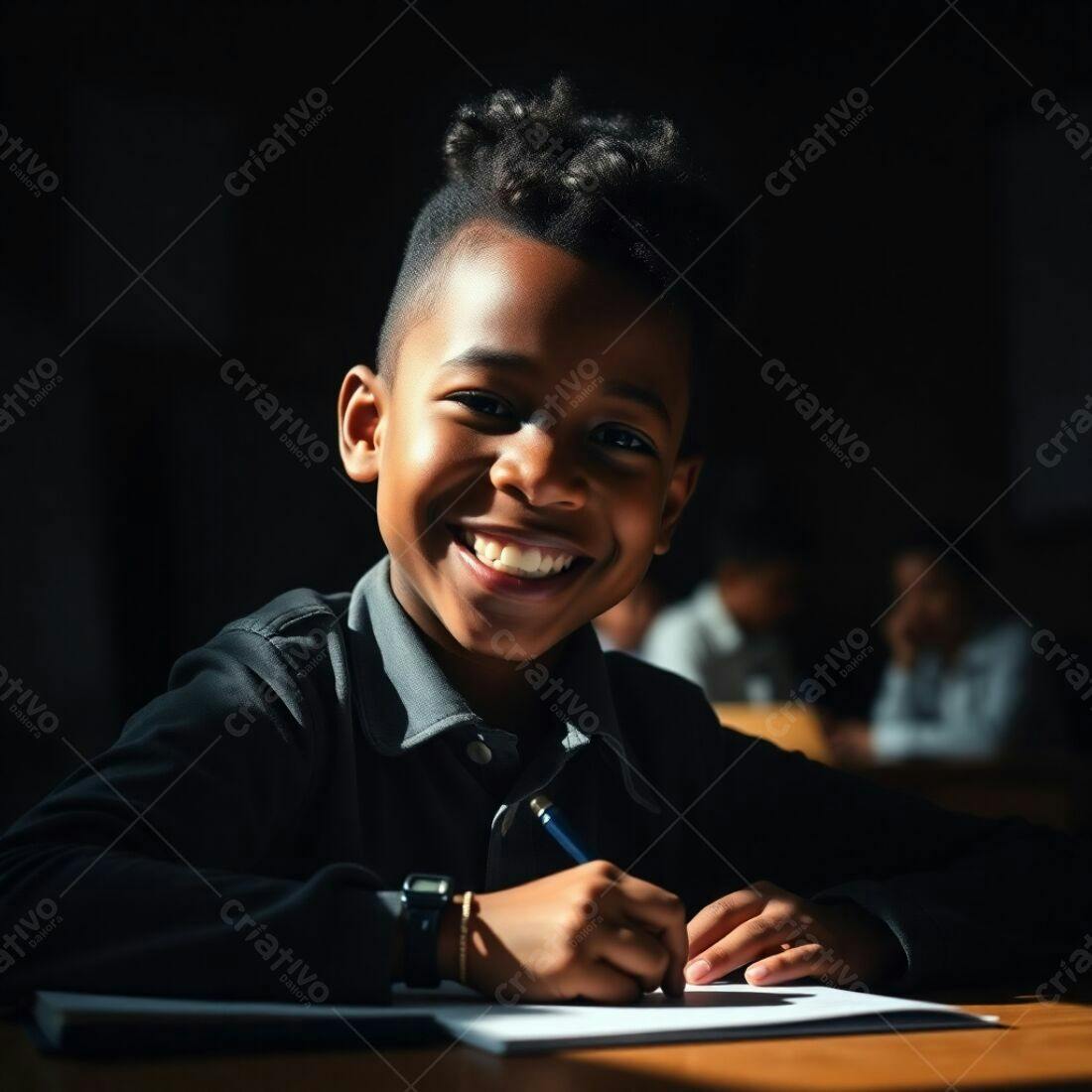 Criança negra escrevendo feliz na escola