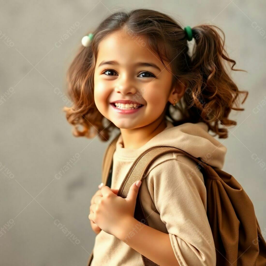Menina sorridente com mochila marrom