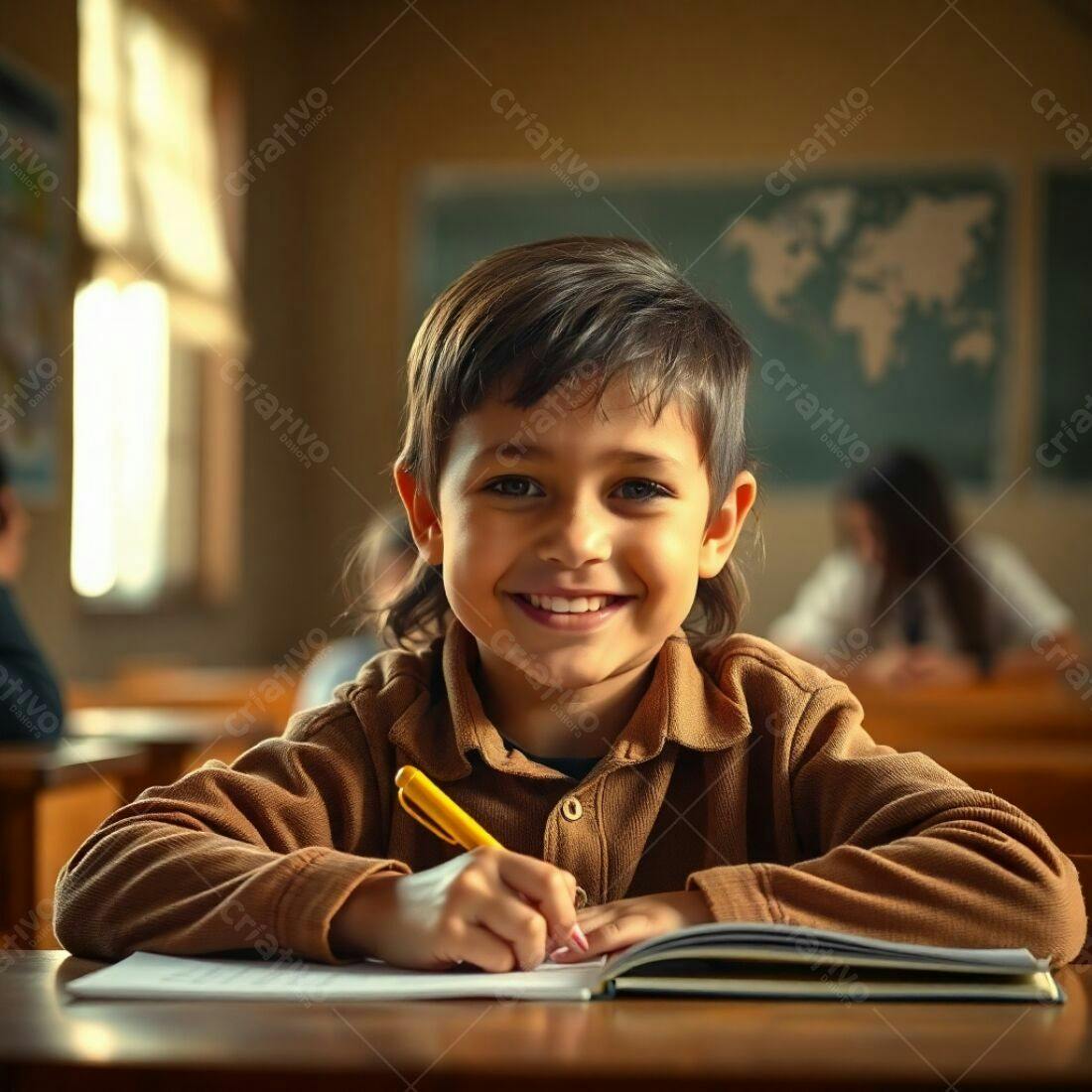 Criança feliz escrevendo na escola