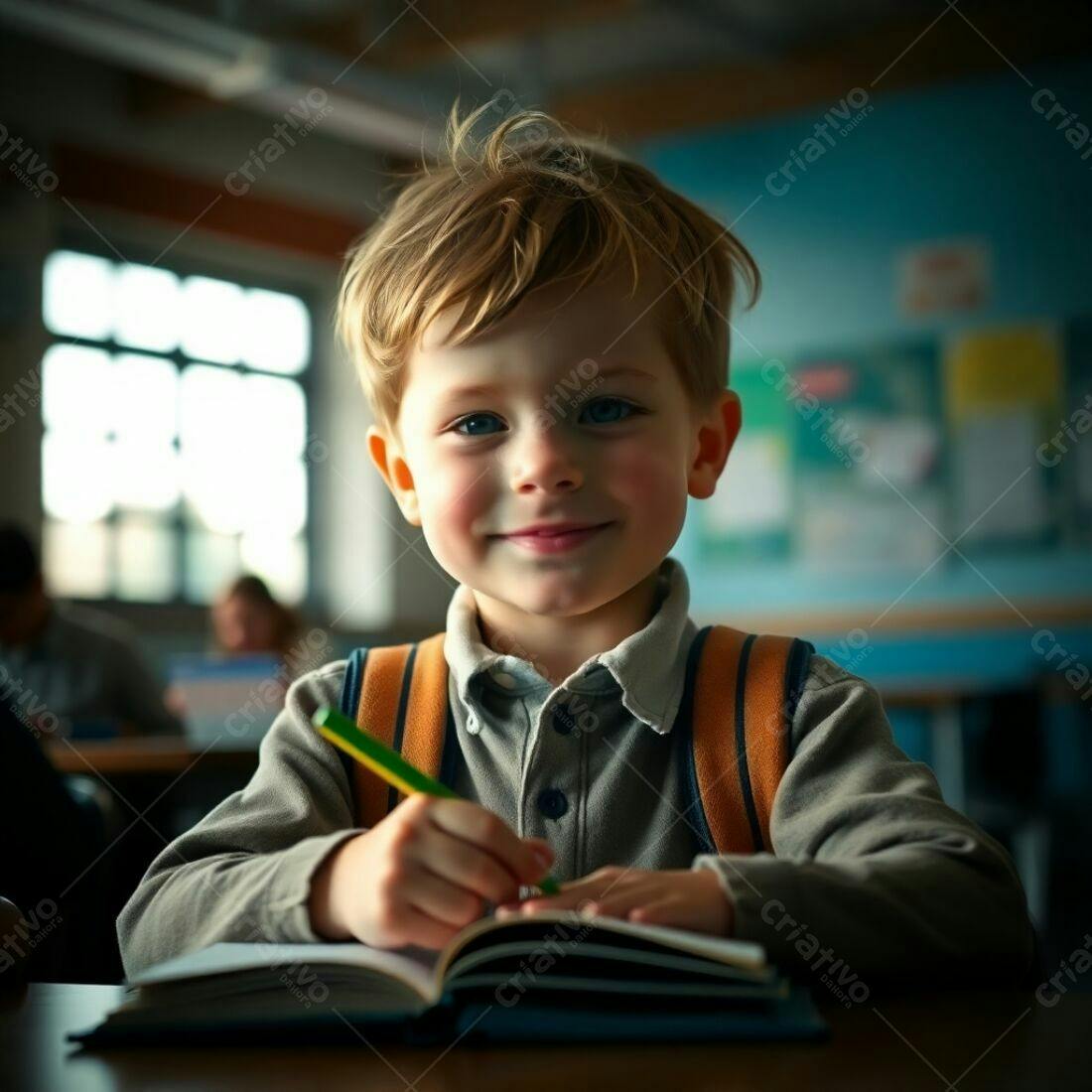 Menino loiro escrevendo em caderno na escola