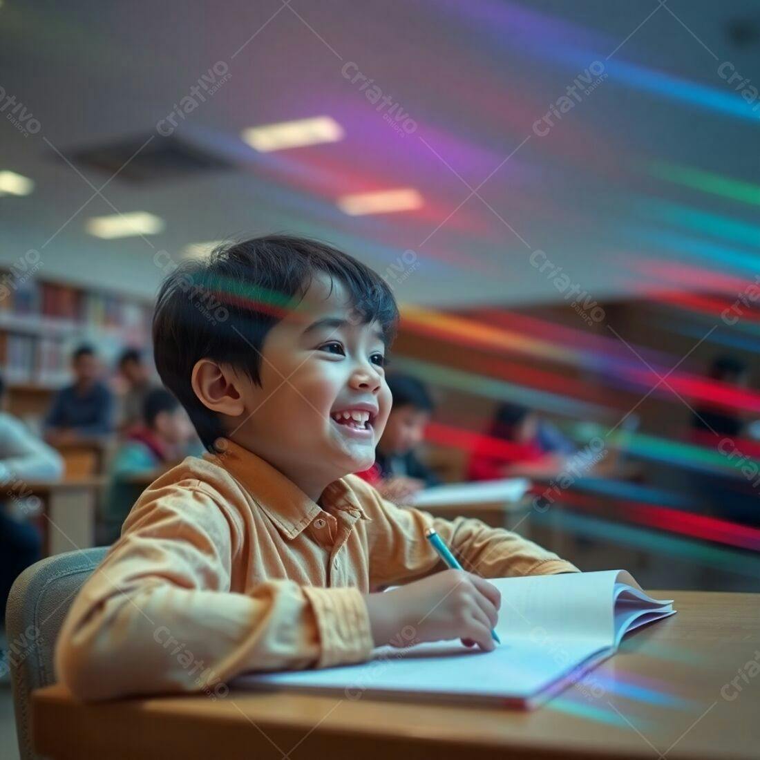 Criança feliz desenhando em sala de aula