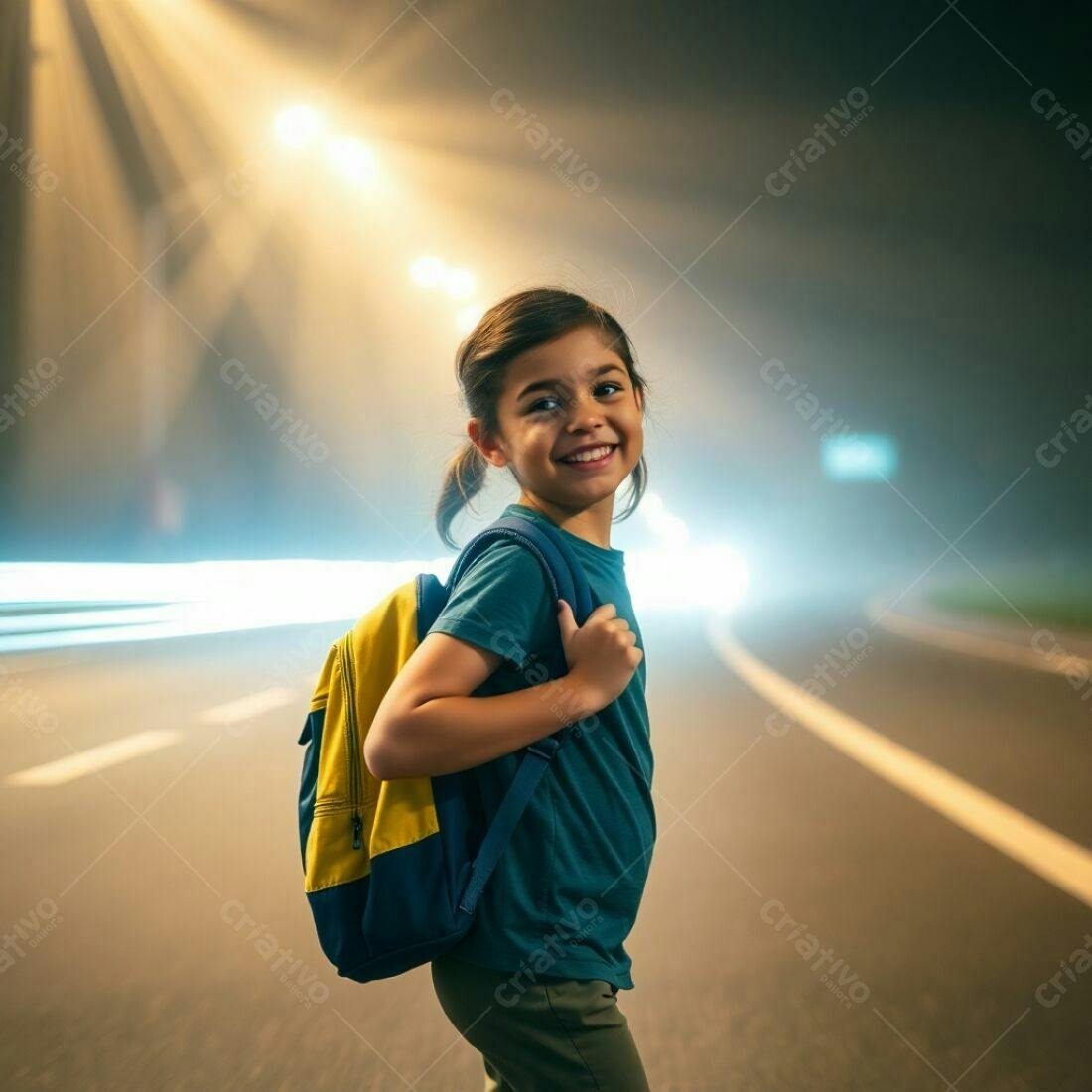 Menina com mochila sorrindo em estrada noturna