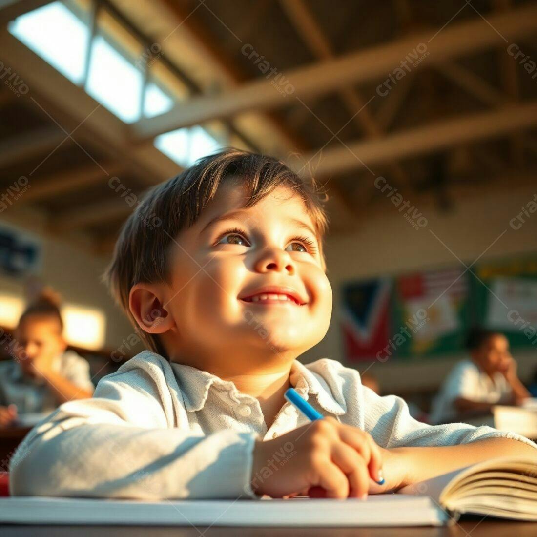 Criança feliz escrevendo na escola ao entardecer