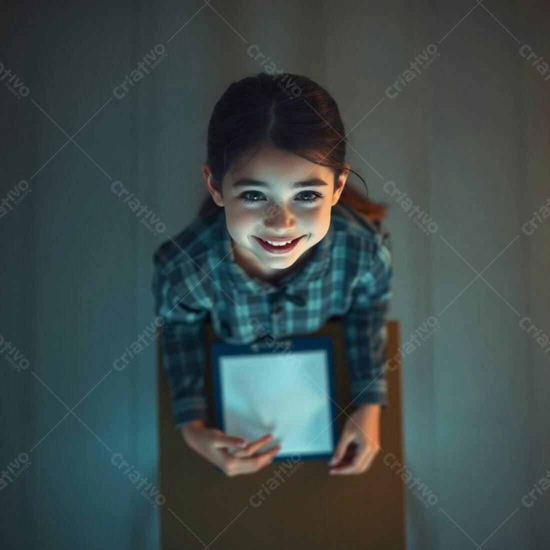 Menina sorrindo com prancheta azul