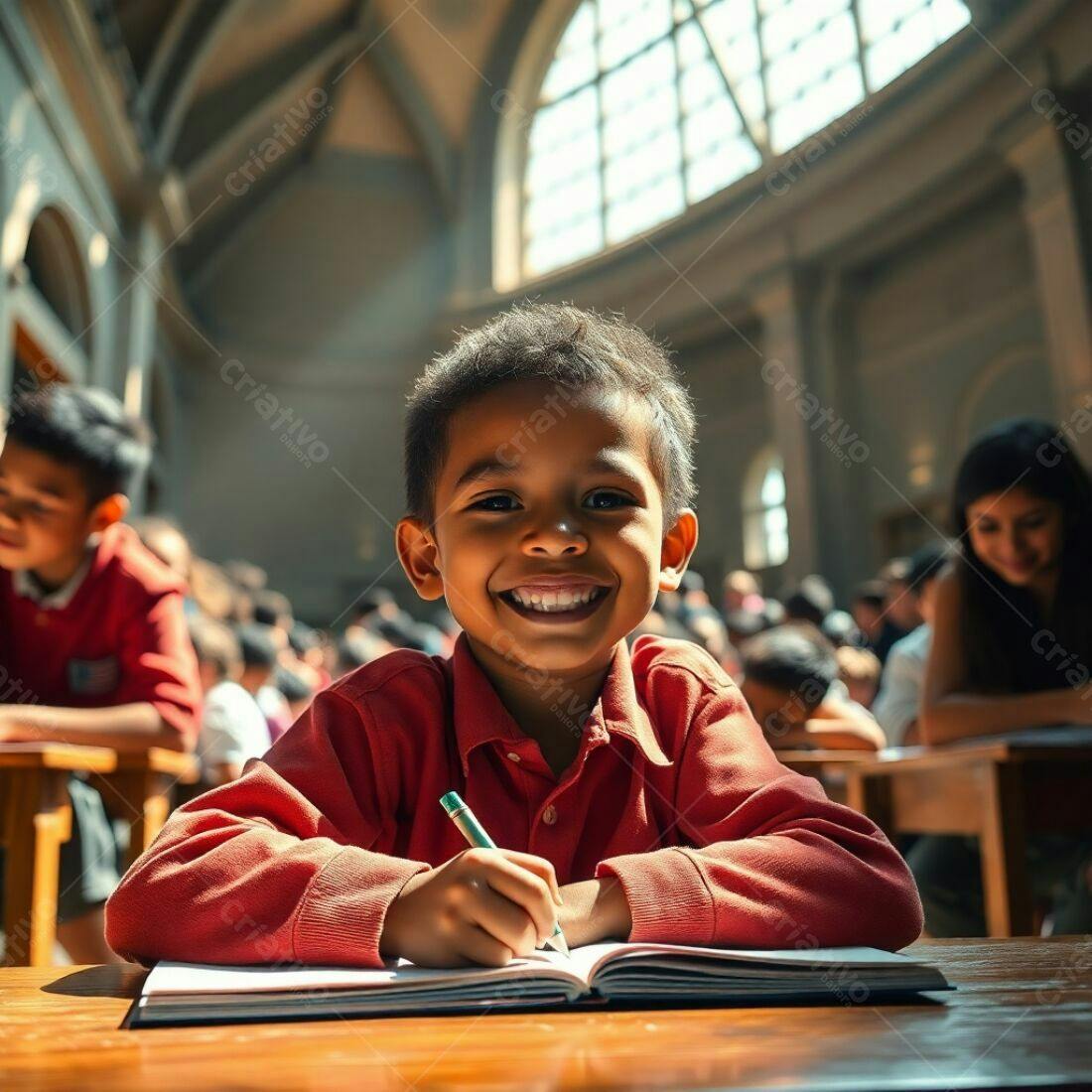 Criança feliz escrevendo em sala de aula