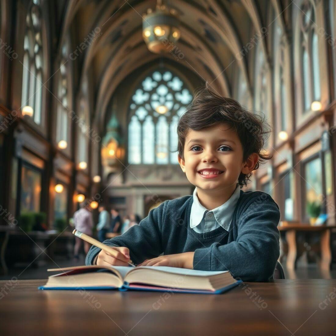 Menino sorridente escrevendo em biblioteca antiga