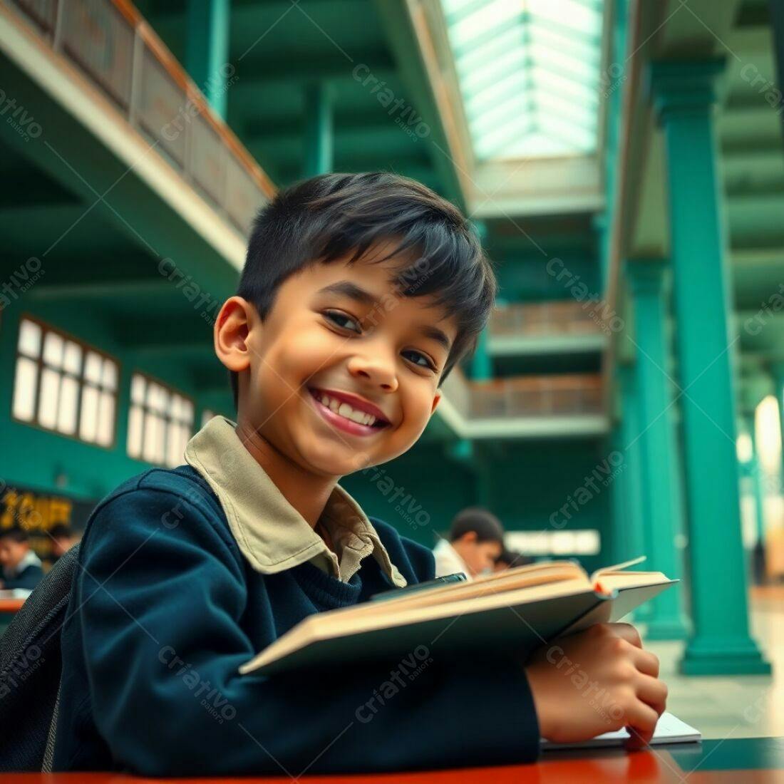 Menino sorridente lendo livro em biblioteca