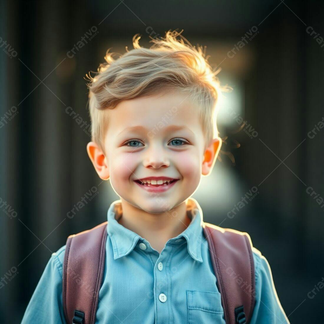 Criança feliz com mochila azul claro