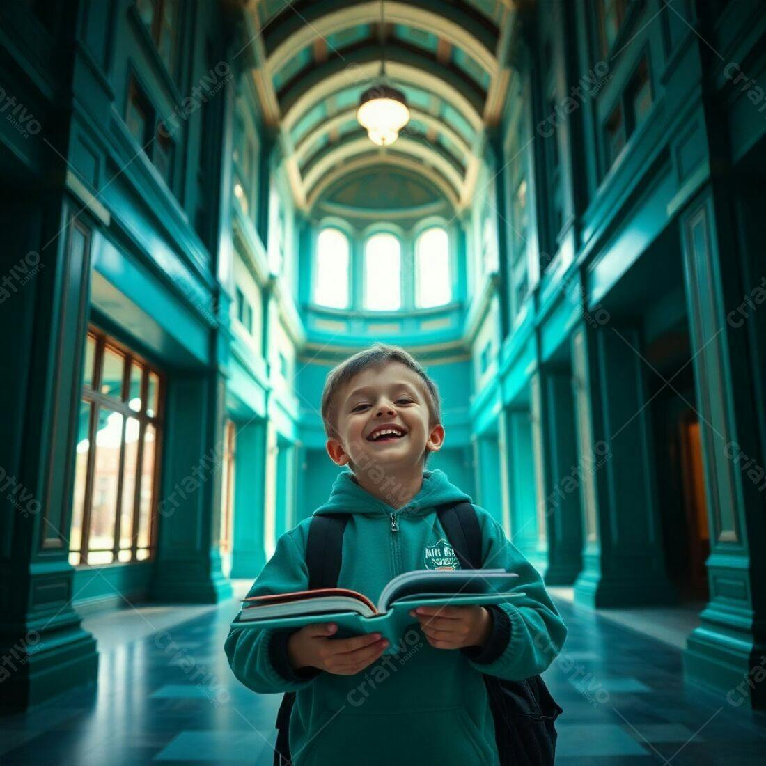 Criança feliz lendo livro em corredor turquesa