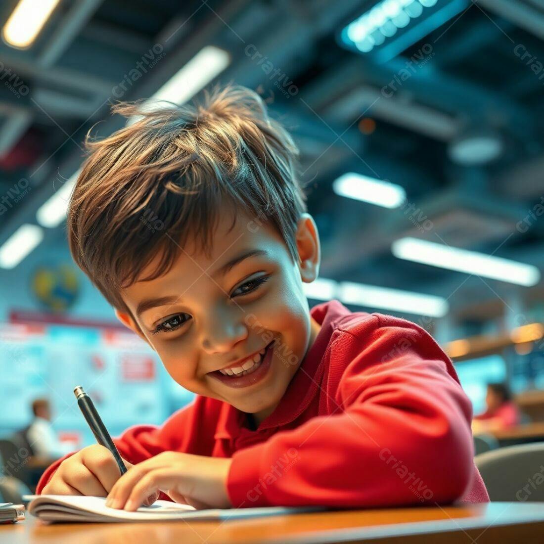 Criança feliz escrevendo em sala de aula
