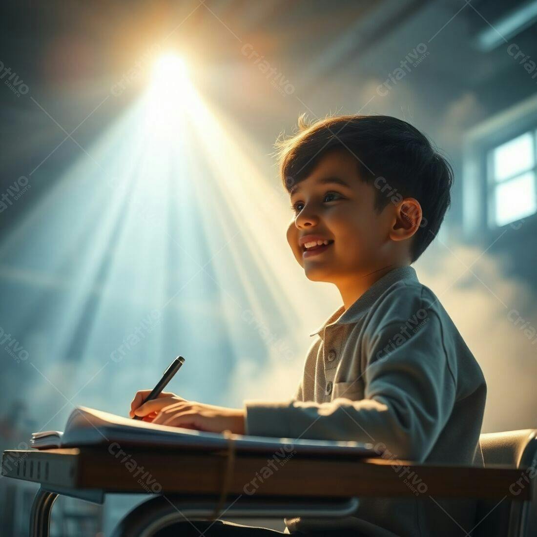 Menino escrevendo em sala de aula iluminada