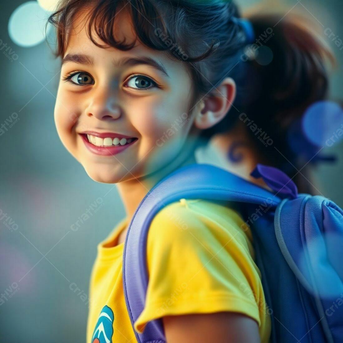 Menina sorridente com mochila amarela e roxa