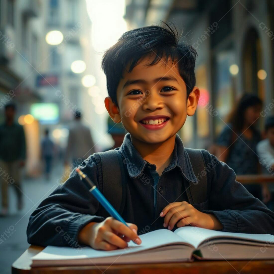 Criança asiática escrevendo em caderno na rua