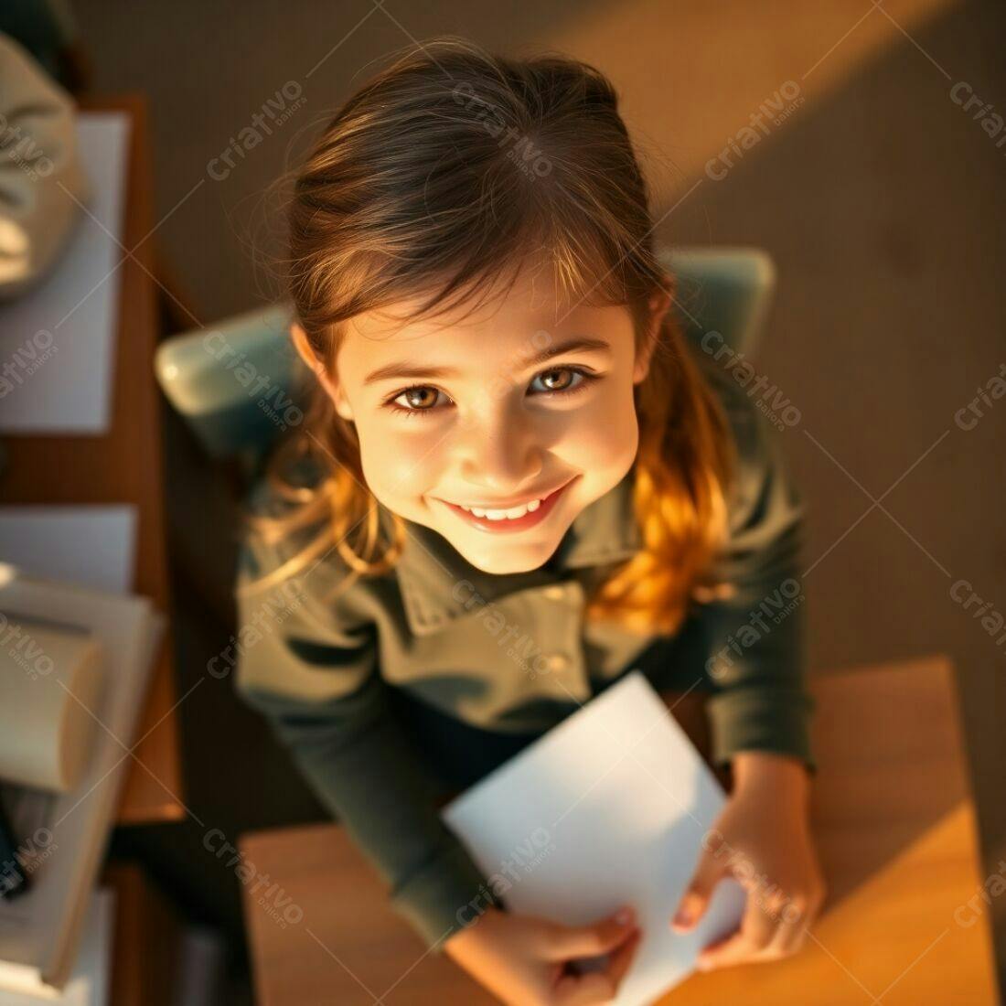 Menina sorridente segurando papel em sala de aula