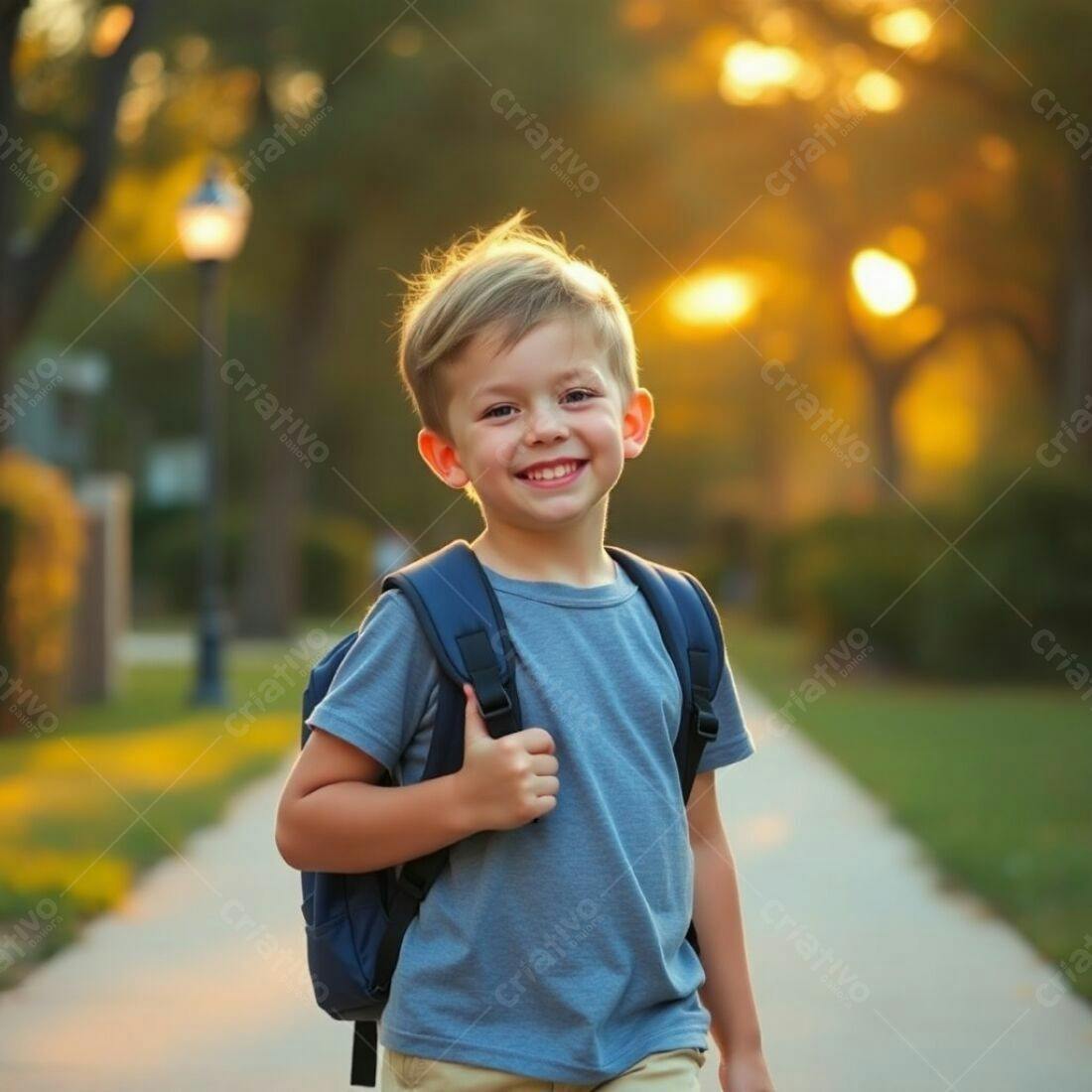 Criança feliz com mochila no parque ao entardecer