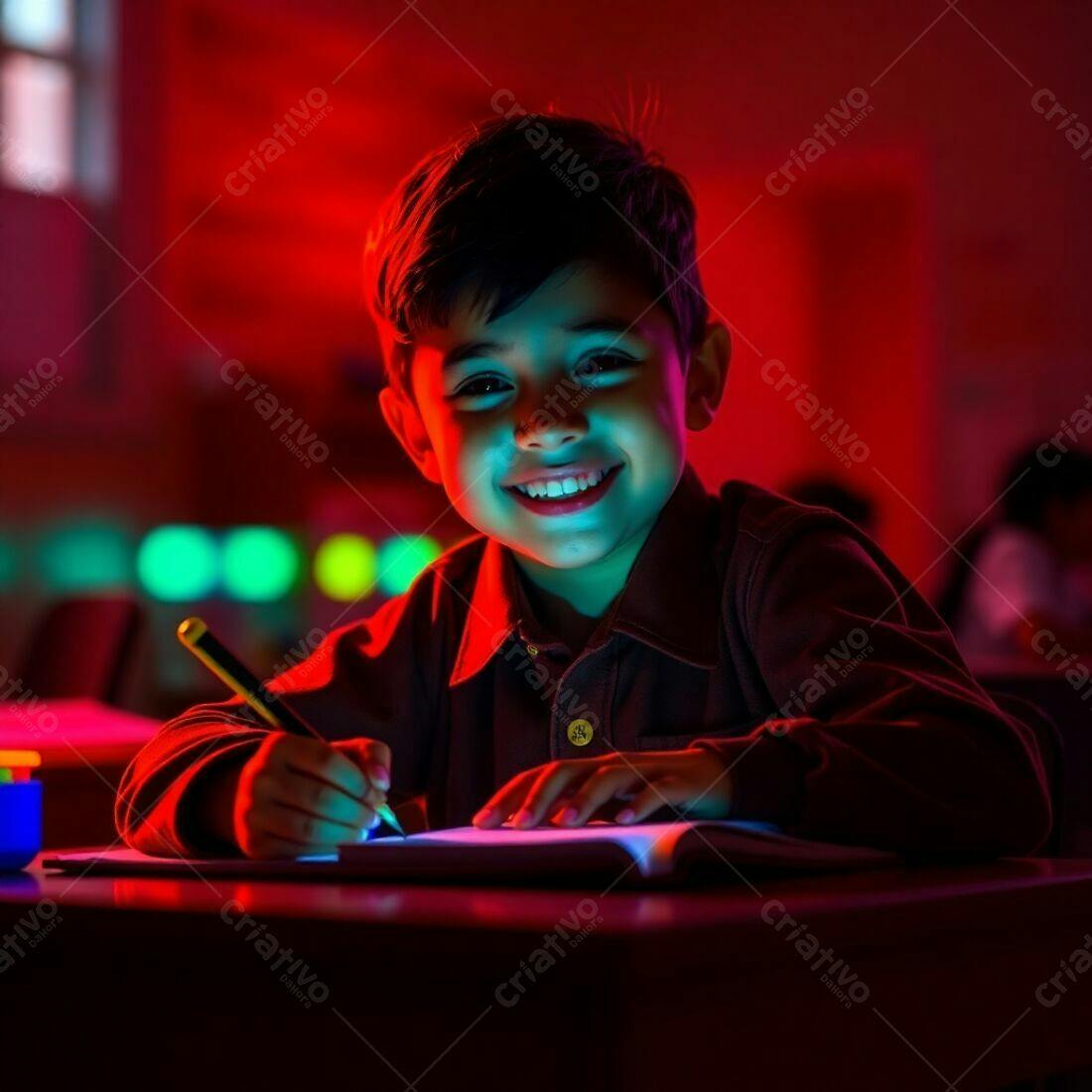 Criança feliz escrevendo em caderno sob luz vermelha e azul