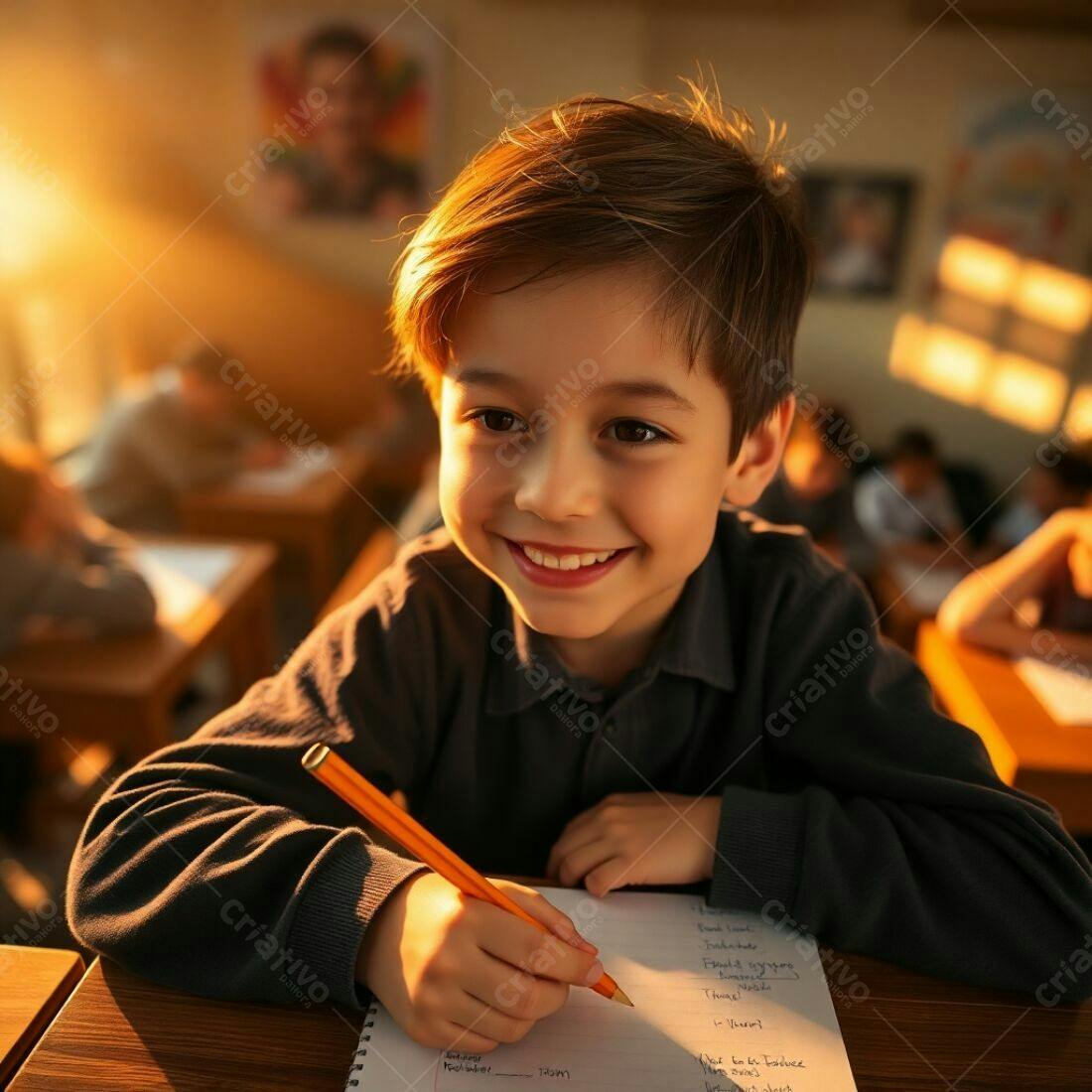 Criança sorrindo escrevendo em sala de aula