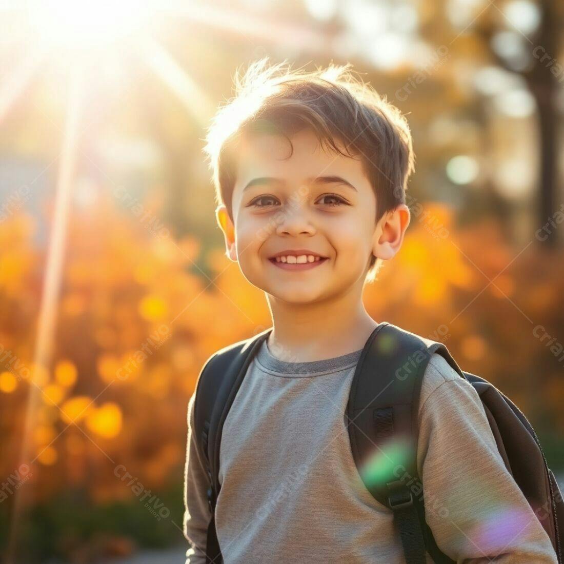 Criança feliz com mochila em parque outonal