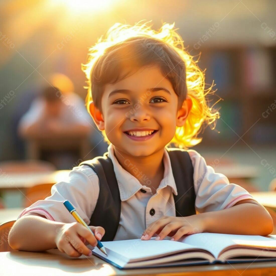 Criança feliz escrevendo em caderno ao ar livre