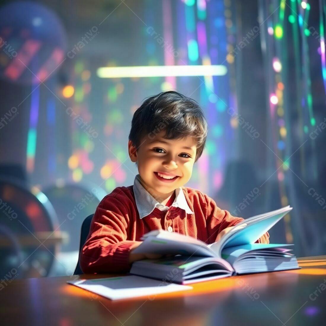 Criança lendo livro sorrindo fundo colorido