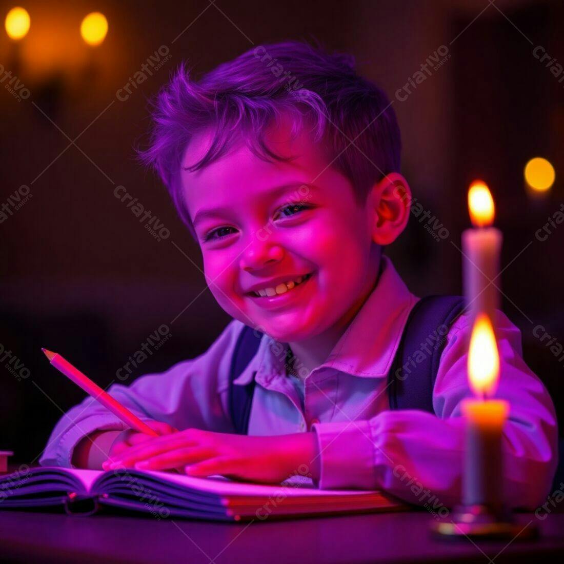 Criança feliz escrevendo em caderno iluminado