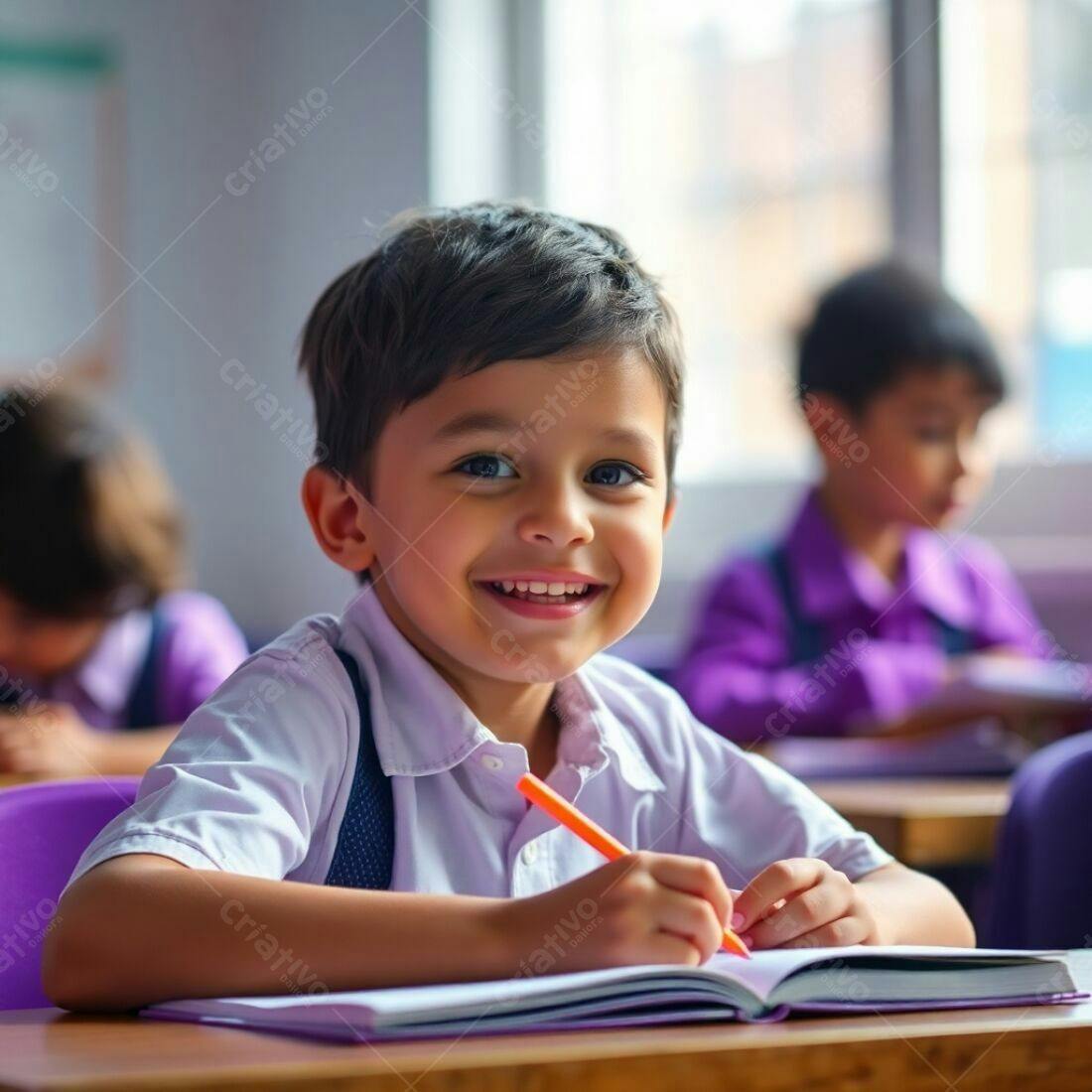 Criança feliz escrevendo na escola