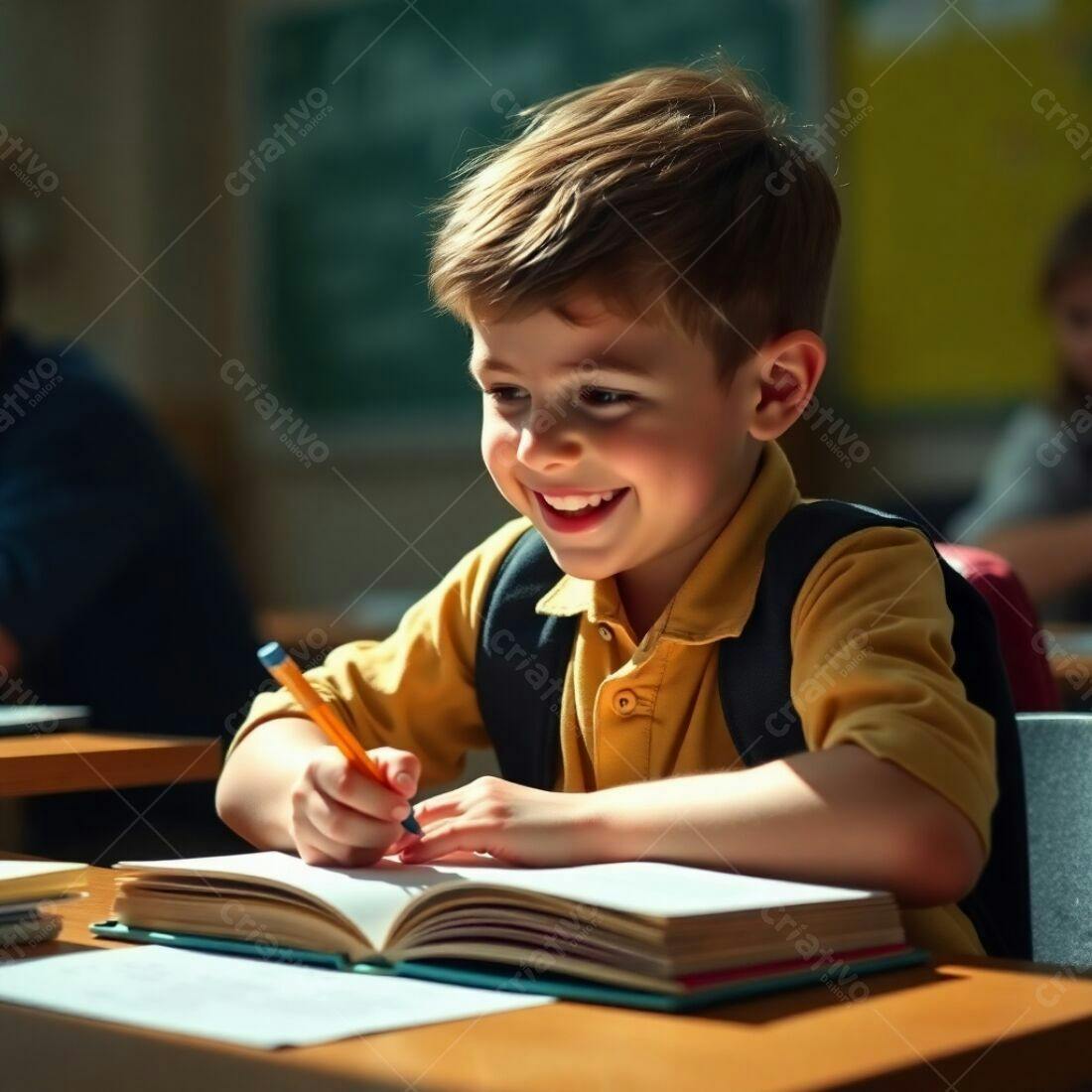 Criança feliz escrevendo em sala de aula