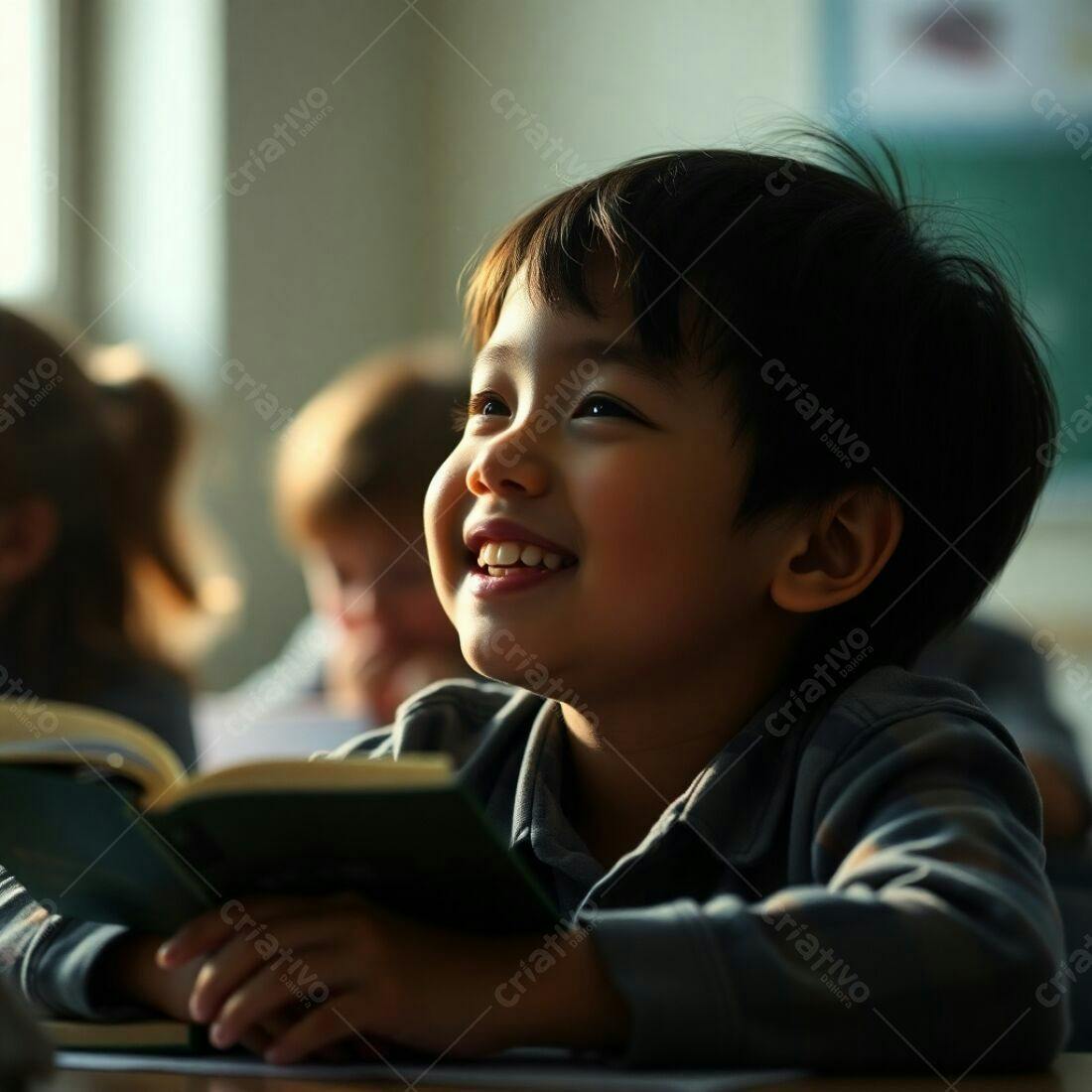 Criança asiática lendo livro na escola