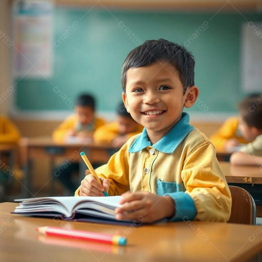 Criança sorridente estudando na escola