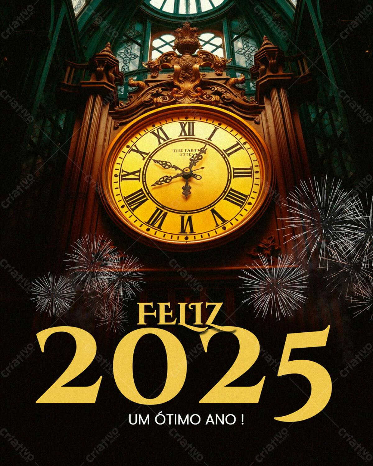 Flyer de Ano Novo com Relógio Antigo PSD Editável