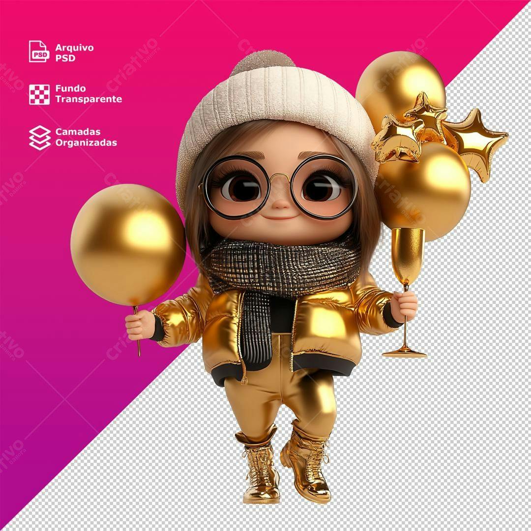 PSD Personagem de Ano Novo Dourado PSD Editável