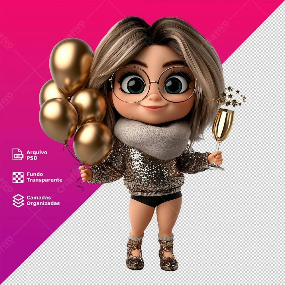 Personagem  Mascote 3D Menina Balão Dourado Ano Novo