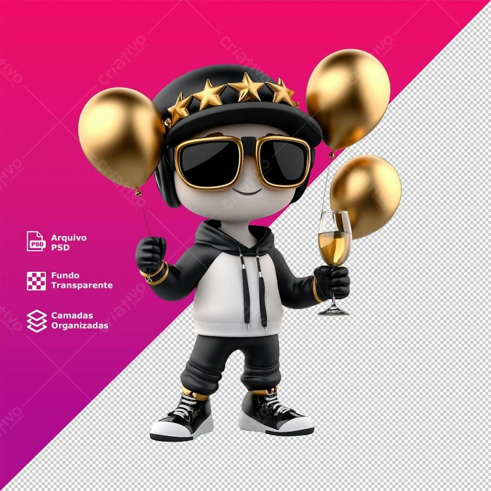Personagem  Mascote 3D Menino Blusa Preta e Branca  Ano Novo 2025
