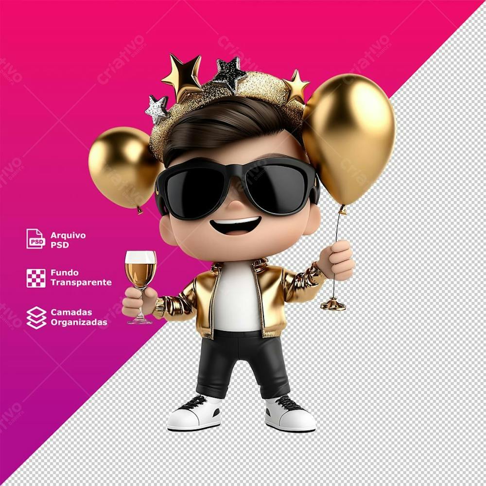 Personagem  Mascote 3D Menino de Oculos Sorridente Ano Novo 2025 