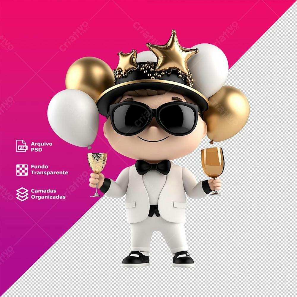 Personagem  Mascote 3D Sorridente Óculos Terno Branco Menino  Ano Novo
