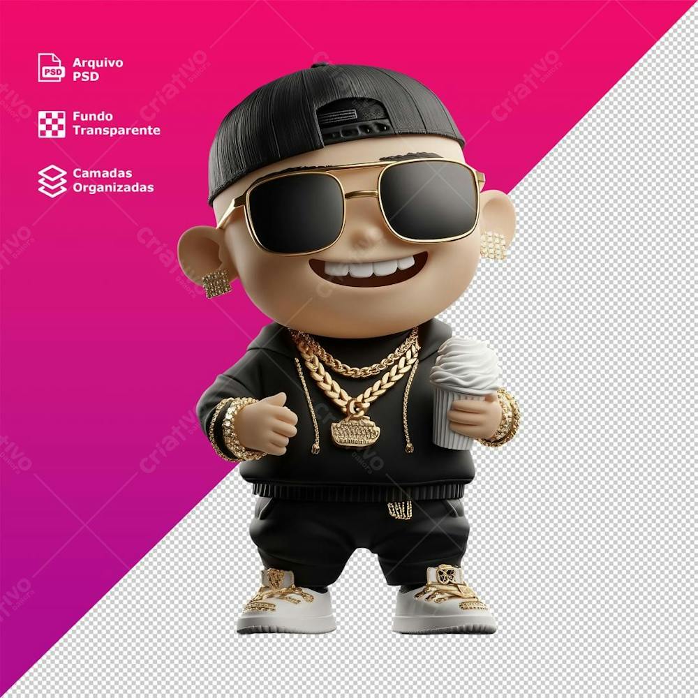 Personagem 3D Funk Cabelos Boné Musico Sorrindo Sorvete