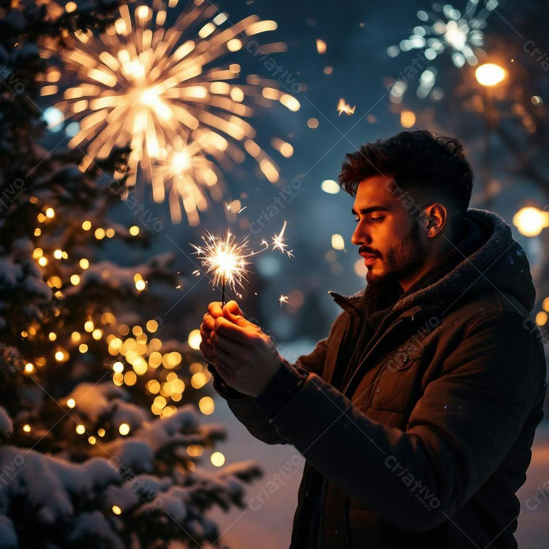 Homem com sparkler em noite de fogos