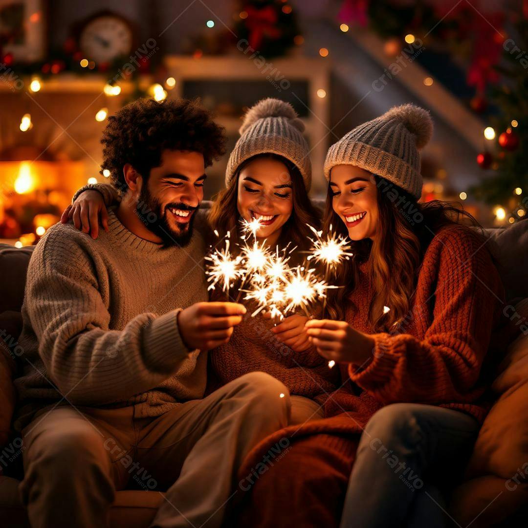 Amigos celebrando Natal com fogos de artifício