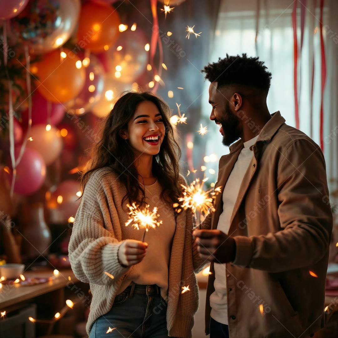 Casal apaixonado com fogos de artifício em festa