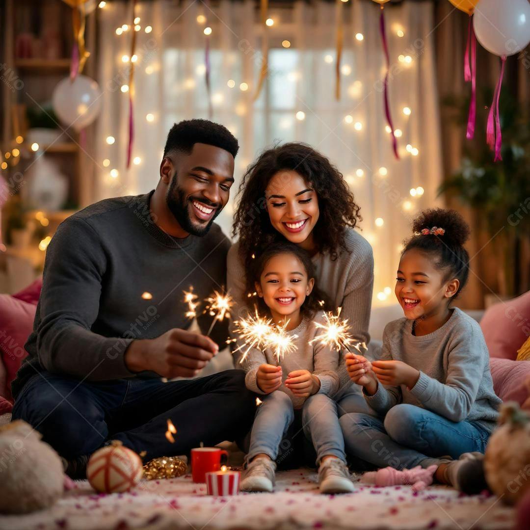 Família negra celebrando com faíscas